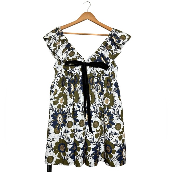 Amazon Dresses & Skirts - Floral Ruffle Mini Dress Green & Blue With Black Bow Women’s Large NWT